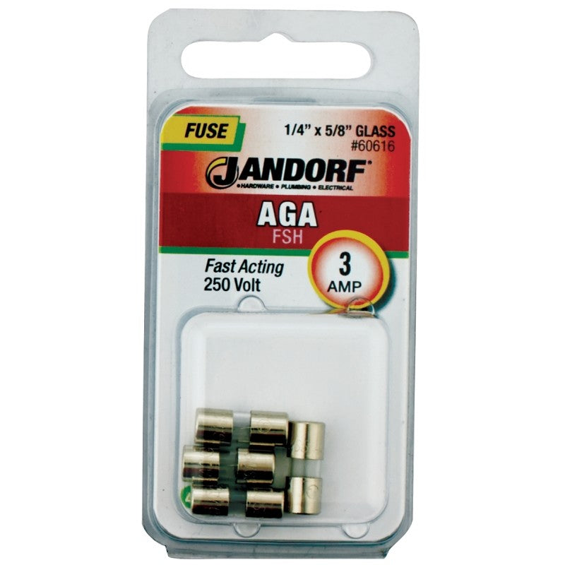 Jandorf 60616 Fast Acting Fuse, 3 A, 250 V, 100, 200 A Interrupt, Glass Body