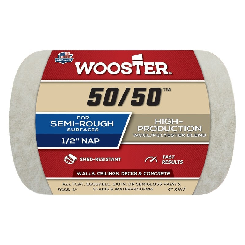 Wooster R295-4 Roller Cover, 1/2 in Thick Nap, 4 in L, Knit Fabric/Lambs Wool/Polyester Cover, Creamy