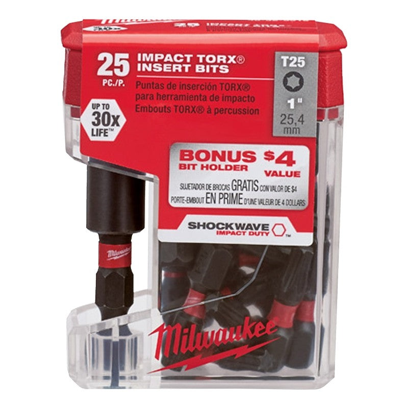 Milwaukee SHOCKWAVE 48-32-5016 Insert Bit, T25 Drive, Torx Drive, 1/4 in Shank, Hex Shank, 1 in L