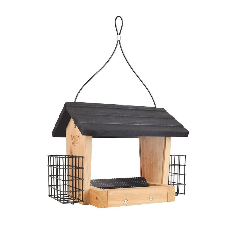 Nature's Way CWF28 Hopper Bird Feeder, 3 qt, Mixed Seeds, Suet Cake, Sunflower Seed, Cedar/Steel, Clear, 10 in H
