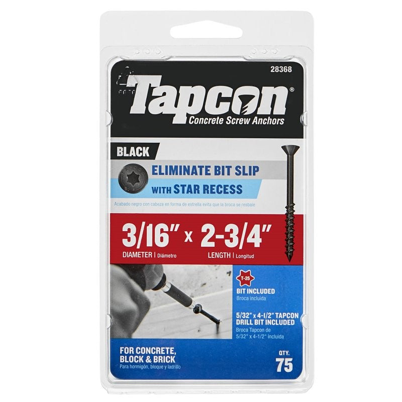 Tapcon 28368 Concrete Screw Anchor, 3/16 in Dia, 2-3/4 in L, Steel, Climaseal