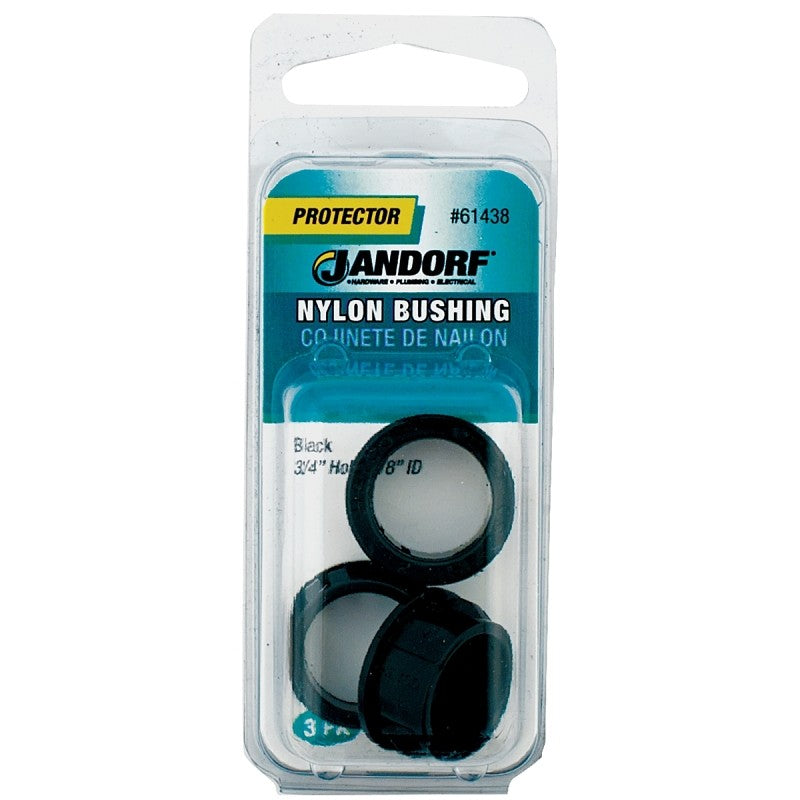 Jandorf 61438 Conduit Bushing, 0.63 in ID, 0.85 in OD, Nylon, Black, 5/8 in Dia Panel Hole, 0.406 in Thick Panel