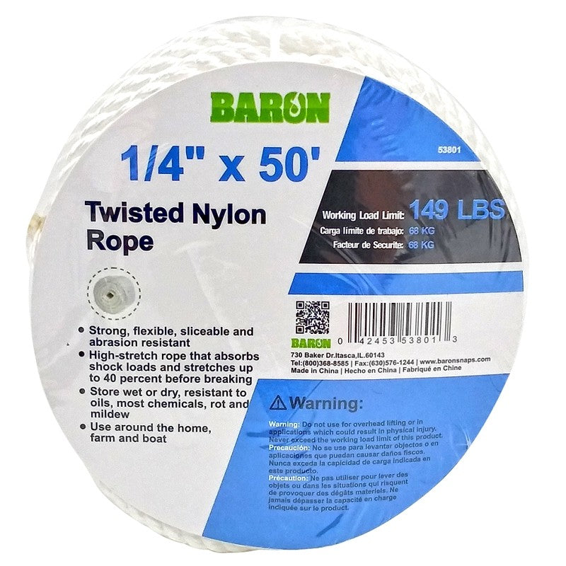 Baron 53801 Rope, 1/4 in Dia, 50 ft L, 149 lb Working Load, Nylon, White