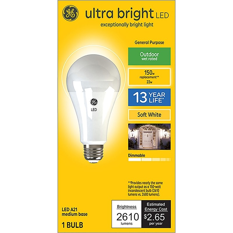 GE Ultra Bright 93129366 Light Bulb, A23 Lamp, 150 W Equivalent, Medium (E26) Lamp Base, Dimmable, Soft White Light