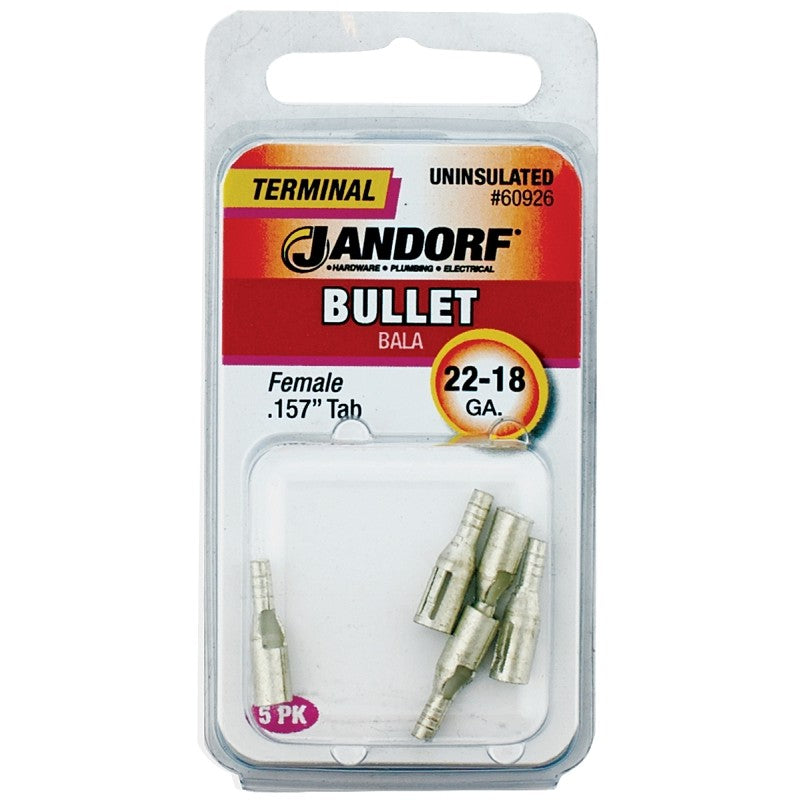 Jandorf 60926 Bullet Terminal, 600 V, 22 to 18 AWG Wire, Copper Contact, Tin, 5/PK