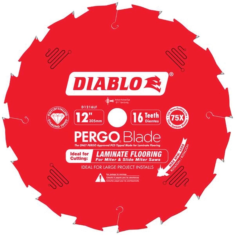 Diablo D1216LF Circular Saw Blade, 12 in Dia, 1 in Arbor, 16-Teeth, Polycrystalline Diamond Cutting Edge