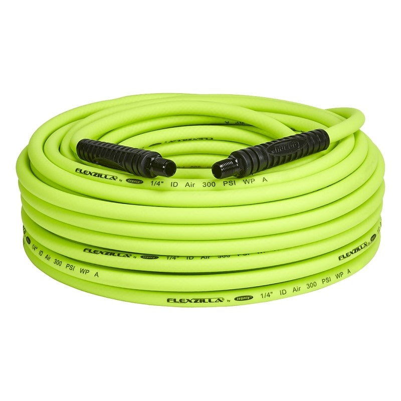 Flexzilla HFZ14100YW2 Premium Air Hose, 1/4 in ID, 100 ft L, MNPT, 300 psi Pressure, Polymer, Green