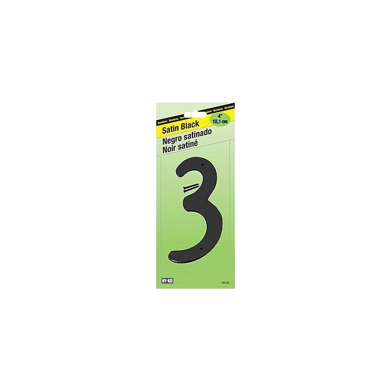 Hy-Ko BK-40/3 House Number, Character: 3, 4 in H Character, Black Character, Zinc (Pack of 5)