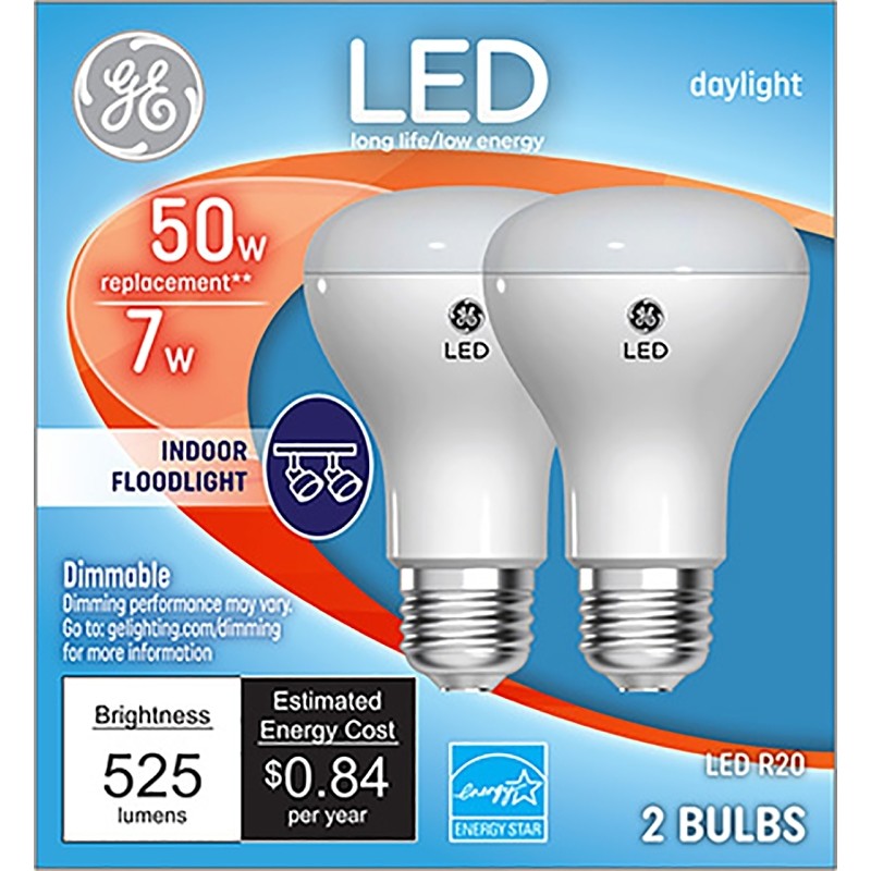 GE 93116049 Light Bulb, Directional, R20 Lamp, 50 W Equivalent, Medium Lamp Base, Dimmable, Clear, Daylight