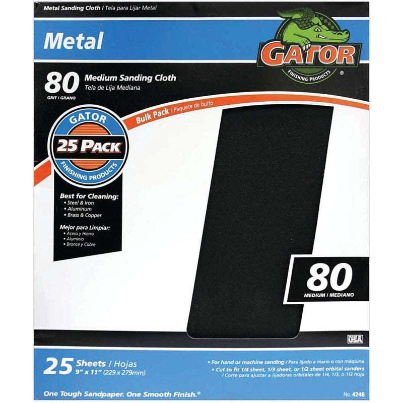 Gator 3291 Sanding Sheet, 11 in L, 9 in W, Medium, 80 Grit, Emery Abrasive, Cloth Backing