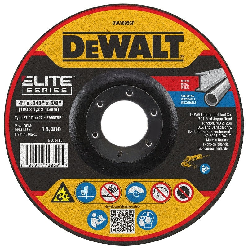 DEWALT ELITE Series DWA8956F Cutting Wheel, 4 in Dia, 0.045 in Thick, 5/8 in Arbor, Zirconia Alumina Abrasive, 60 Grit