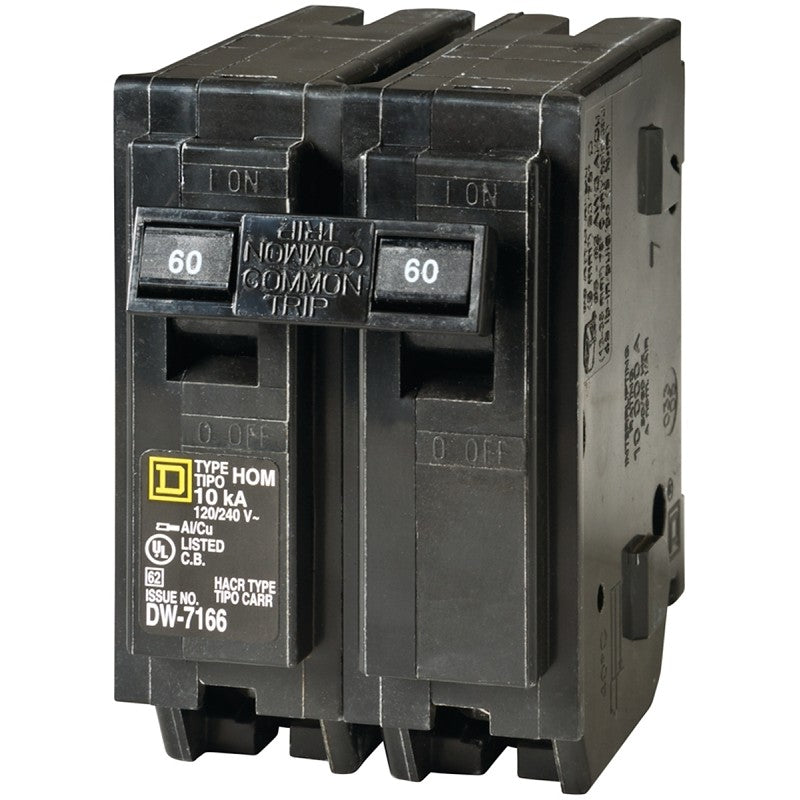 Square D Homeline HOM260C Circuit Breaker, Mini, 60 A, 2 -Pole, 120/240 V, Plug Mounting, Black