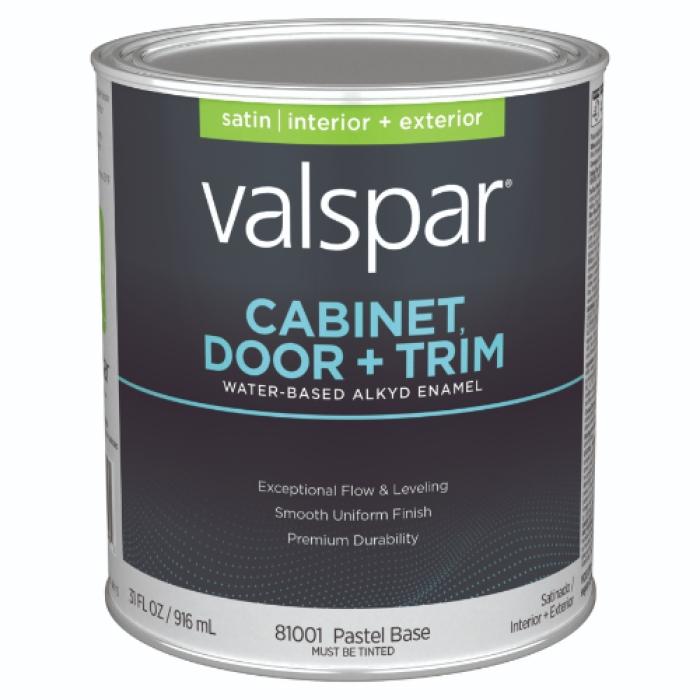 Valspar 8100 028.0081001.005 Cabinet, Door and Trim Paint Enamel, Water Base, Satin Sheen, Pastel Base, 1 qt