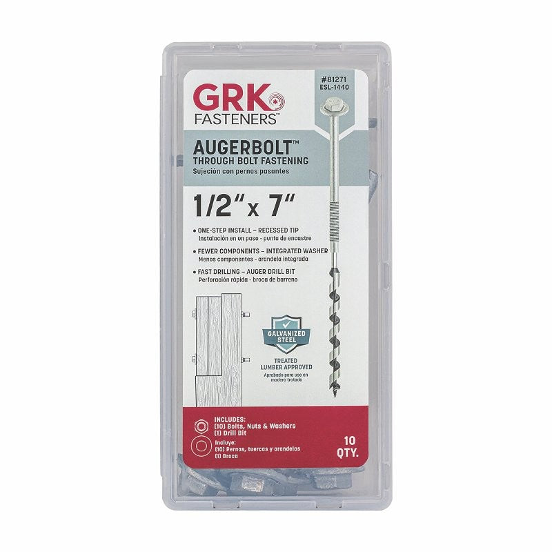 GRK Fasteners AugerBolt Series 81271 Through Bolt Fastener, Coarse Thread, 7 in OAL, Steel, Galvanized