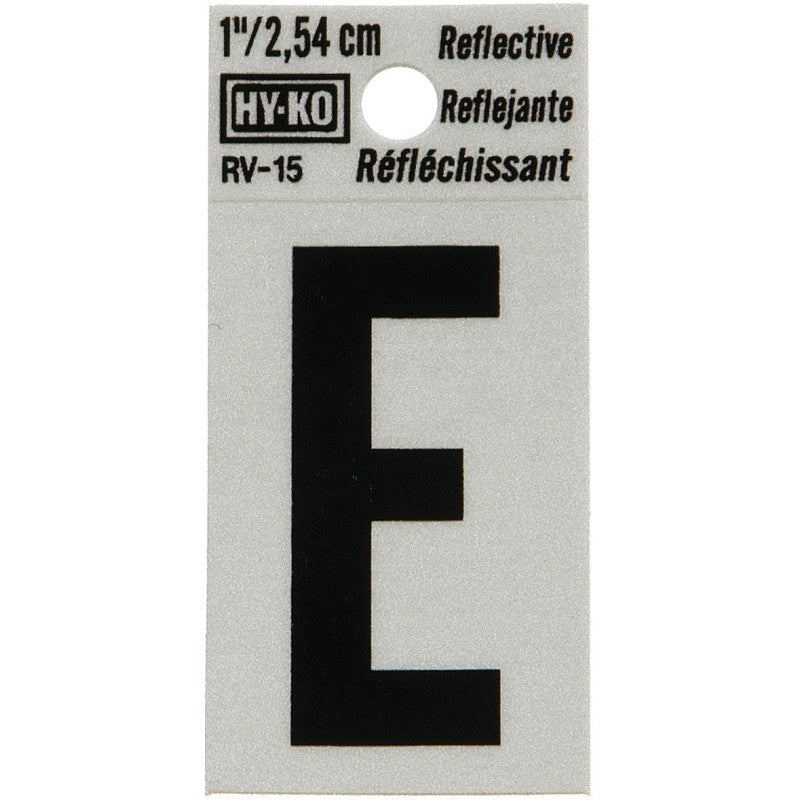 Hy-Ko RV-15/E Reflective Letter, Character: E, 1 in H Character, Black Character, Silver Background, Vinyl (Pack of 10)