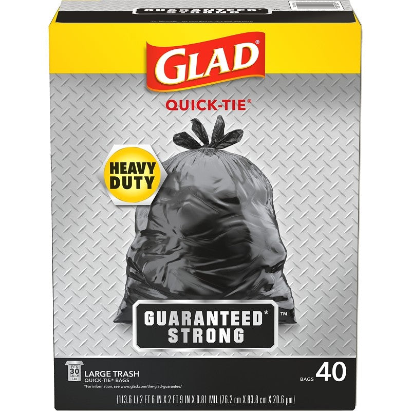 Glad 60035 Trash Bag, 30 gal, Black, L, Plastic, 40/CT