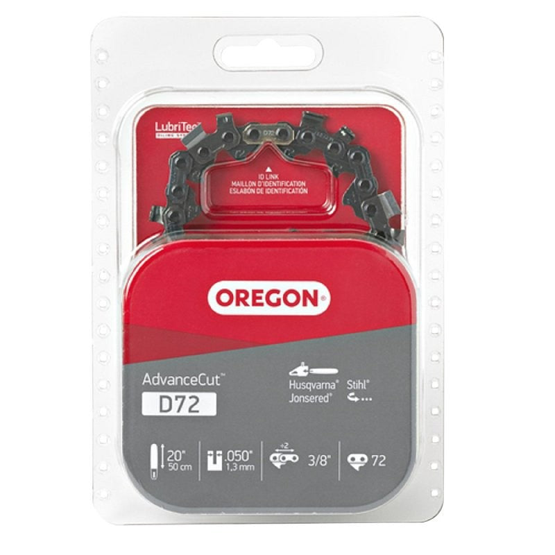 Oregon D72 Chainsaw Chain, 20 in L Bar, 0.05 Gauge, 3/8 in TPI/Pitch, 72-Link