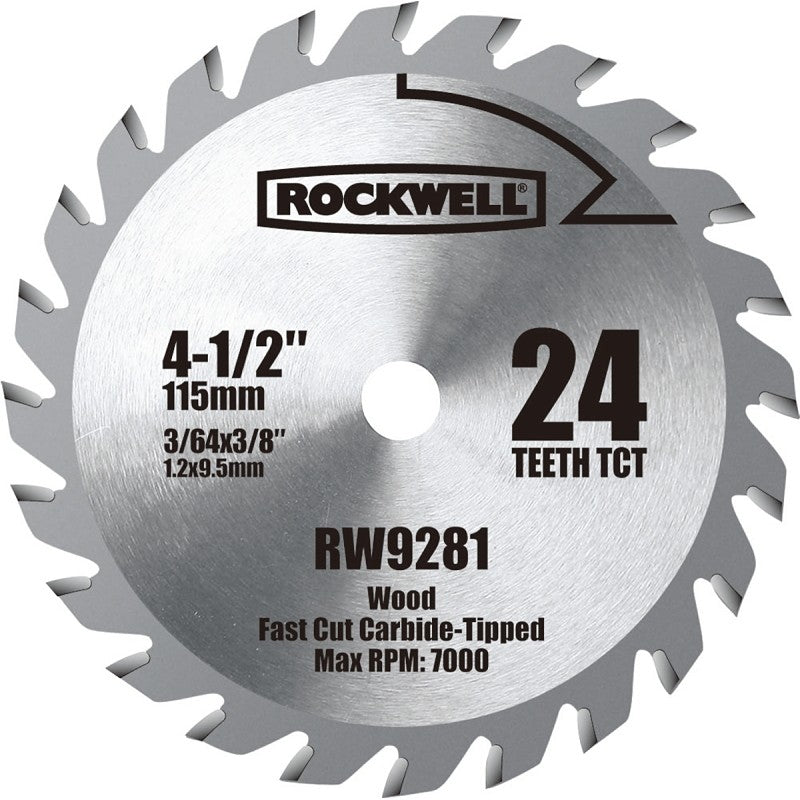 Rockwell RW9281 Circular Saw Blade, 4-1/2 in Dia, 3/8 in Arbor, 24-Teeth, Tungsten Carbide Cutting Edge