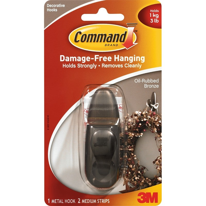 Command Forever Classic Series FC12-ORB Decorative Hook, 11/16 in Opening, 3 lb, 1-Hook, Metal, Oil-Rubbed Bronze