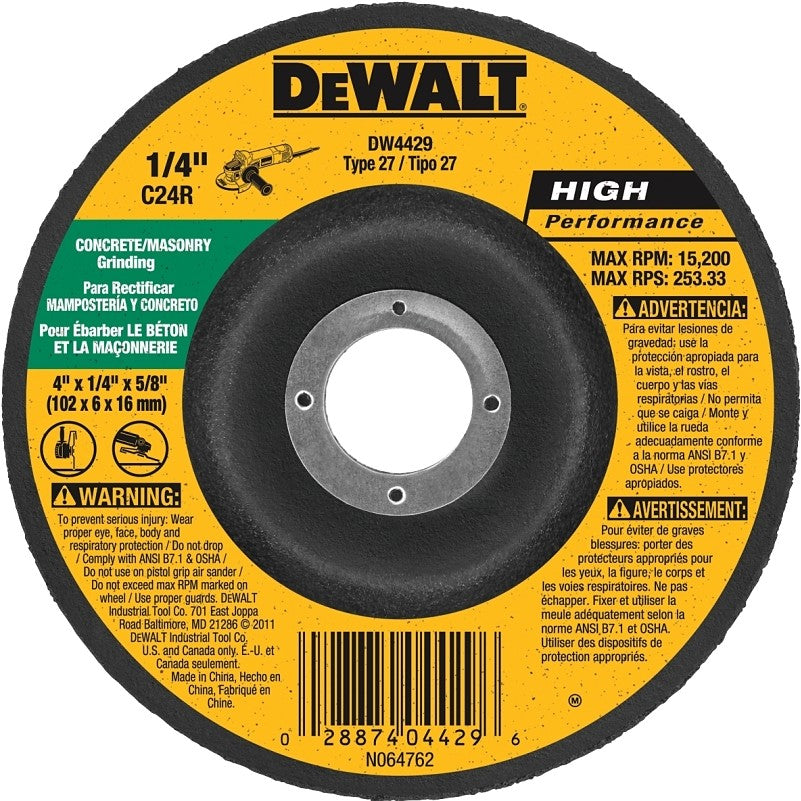 DEWALT DW4429 Grinding Wheel, 4 in Dia, 1/4 in Thick, 5/8 in Arbor, 24 Grit, Very Coarse, Silicone Carbide Abrasive