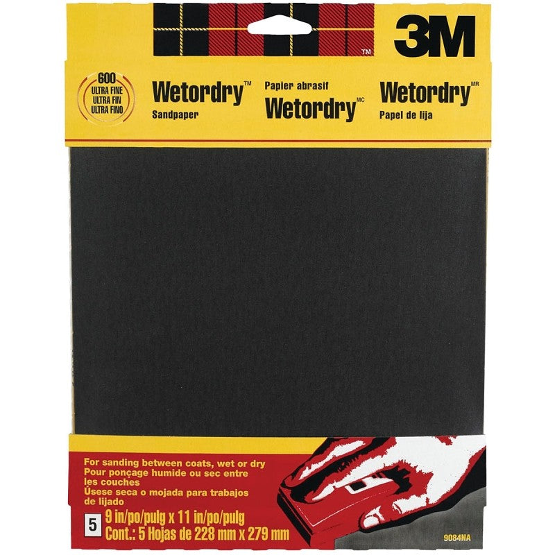 3M 9084 Sandpaper, 11 in L, 9 in W, 600 Grit, Ultra Fine, Silicone Carbide Abrasive