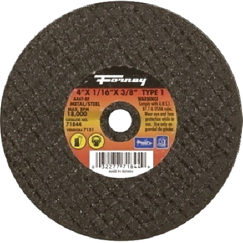 Forney 71844 Cut-Off Wheel, 4 in Dia, 1/16 in Thick, 3/8 in Arbor, 46 Grit, Medium, Aluminum Oxide Abrasive