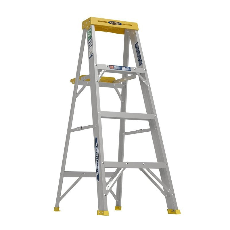 Werner 350 Series 354 Step Ladder, 4 ft H, Type II Duty Rating, Aluminum, 225 lb, 3-Step, 8 ft Max Reach