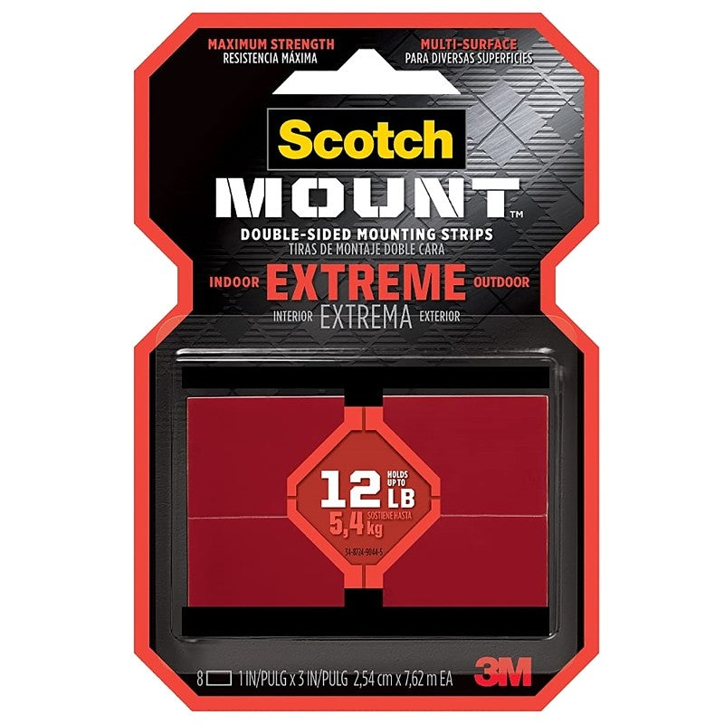 Scotch-Mount 414H-ST Extreme Mounting Strip, 3 in L, 1 in W, Closed-Cell Acrylic Foam Backing, Black
