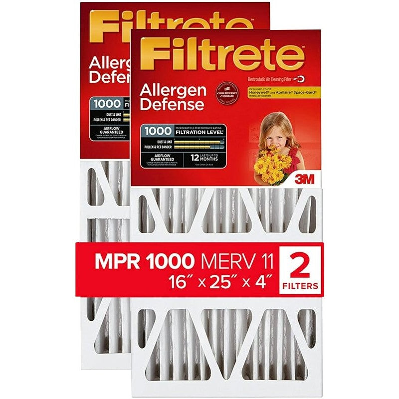 Filtrete NADP01-2PK-2 Air Filter, Electrostatic, 4 in Thick, 25 in L, 16 in W, 11 MERV, 1000 MPR, Cardboard Frame, 2/PK