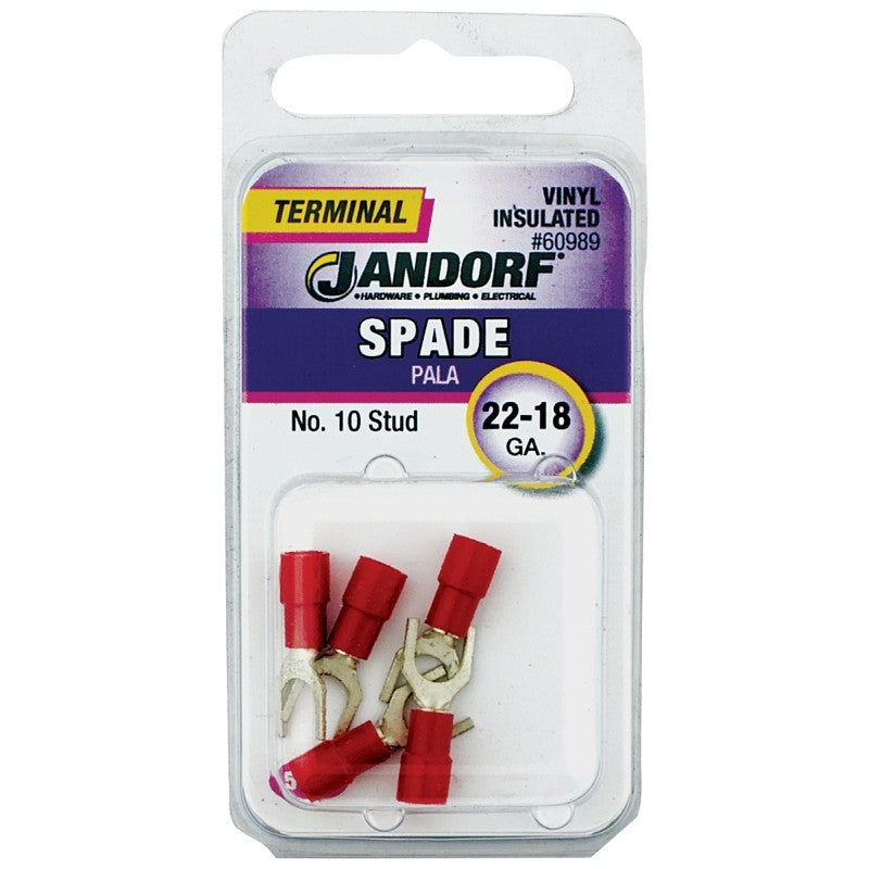 Jandorf 60989 Spade Terminal, 600 V, 22 to 18 AWG Wire, #10 Stud, Vinyl Insulation, Copper Contact, Red, 5/PK