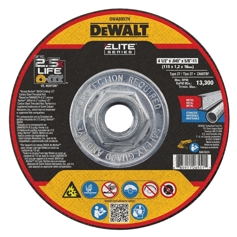 DEWALT ELITE Series DWA8957H Cutting Wheel, 4-1/2 in Dia, 0.045 in Thick, 5/8-11 Arbor, Ceramic Abrasive, 46 Grit