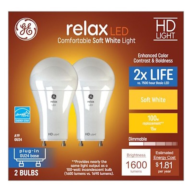 GE 93129020 LED Bulb, A19 Lamp, 100 W Equivalent, GU24 Lamp Base, Dimmable, Soft White Light, 2700 K Color Temp