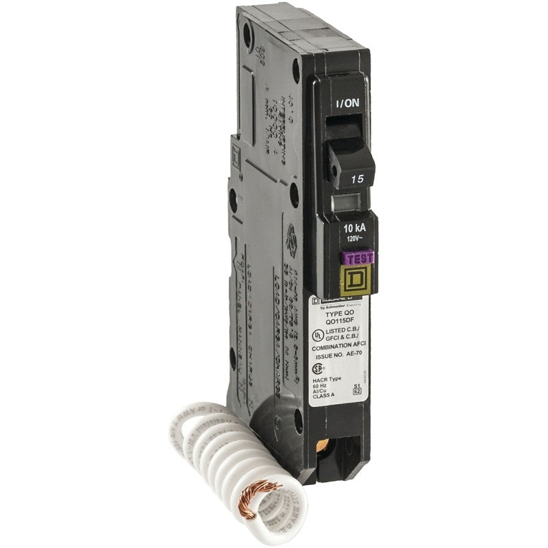 Square D QO115DFC Circuit Breaker, CAFCI, Mini, Plug, 15 A, 1-Pole, 120 V