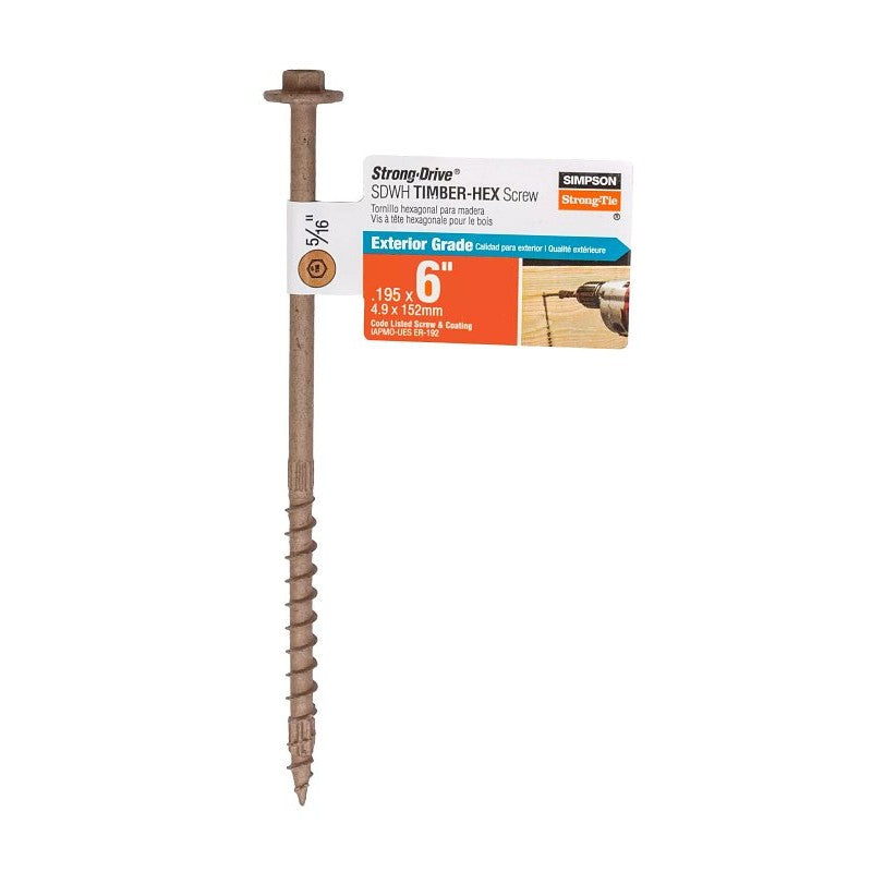 Simpson Strong-Tie Strong-Drive SDWH SDWH19600DB-RP1 Timber Screw, 6 in L, Coarse Thread, Large Hex Washer Head (Pack of 40)