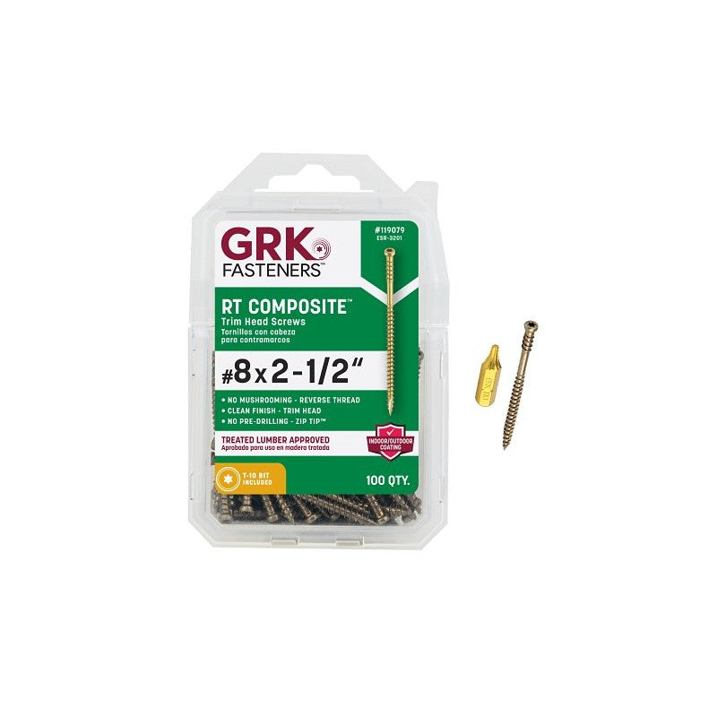 GRK Fasteners RT Series 119079 Screw, #8 Thread, 2-1/2 in L, Trim Head, Star Drive, Zip-Tip Point, Steel, Climatek, Gold