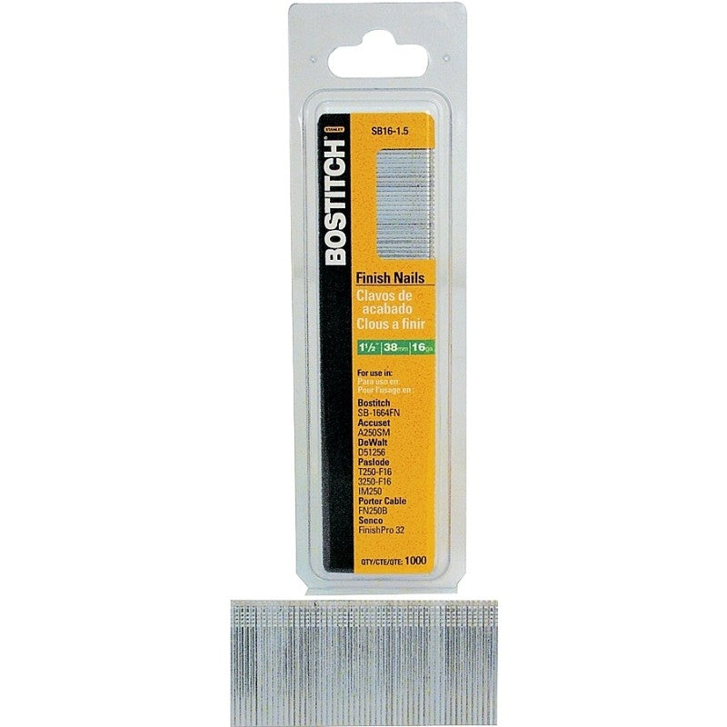 Bostitch SB16-150 Finish Nail, 1-1/2 in L, 16 Gauge, Steel, Coated, Smooth Shank