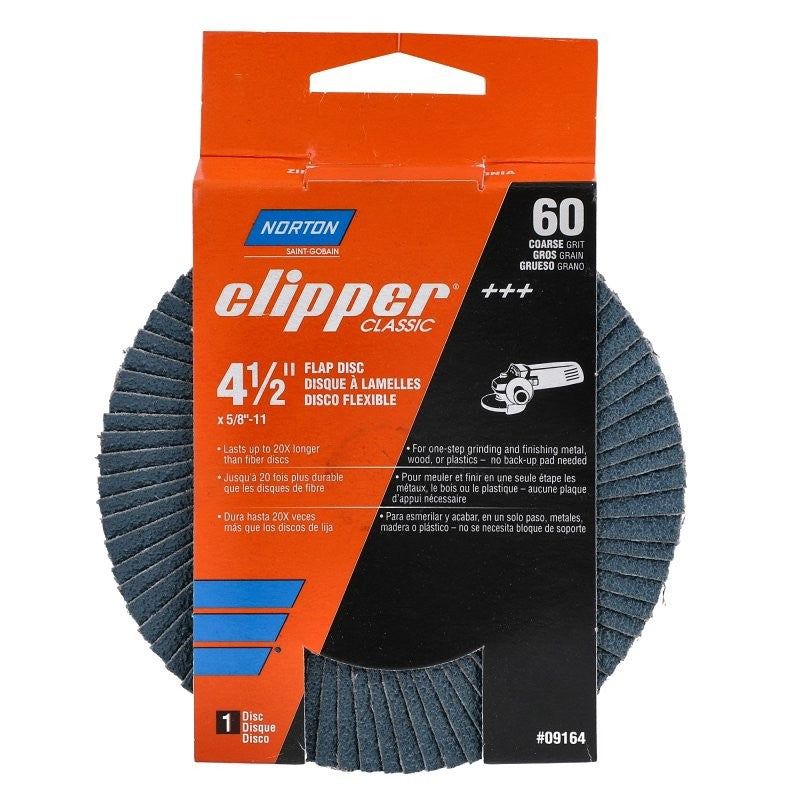 Norton Clipper 70184609164 Flap Disc, 4-1/2 in Dia, 5/8-11 Arbor, 60 Grit, Coarse, Zirconia Alumina Abrasive