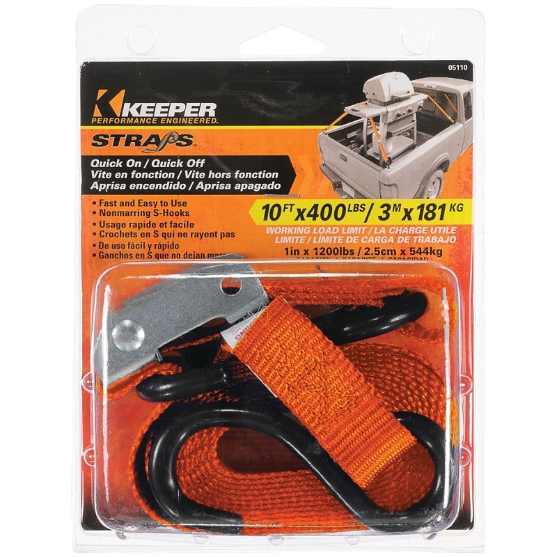 Keeper 05110 Tie-Down, 1 in W, 10 ft L, Nylon, Orange, 400 lb, S-Hook End Fitting