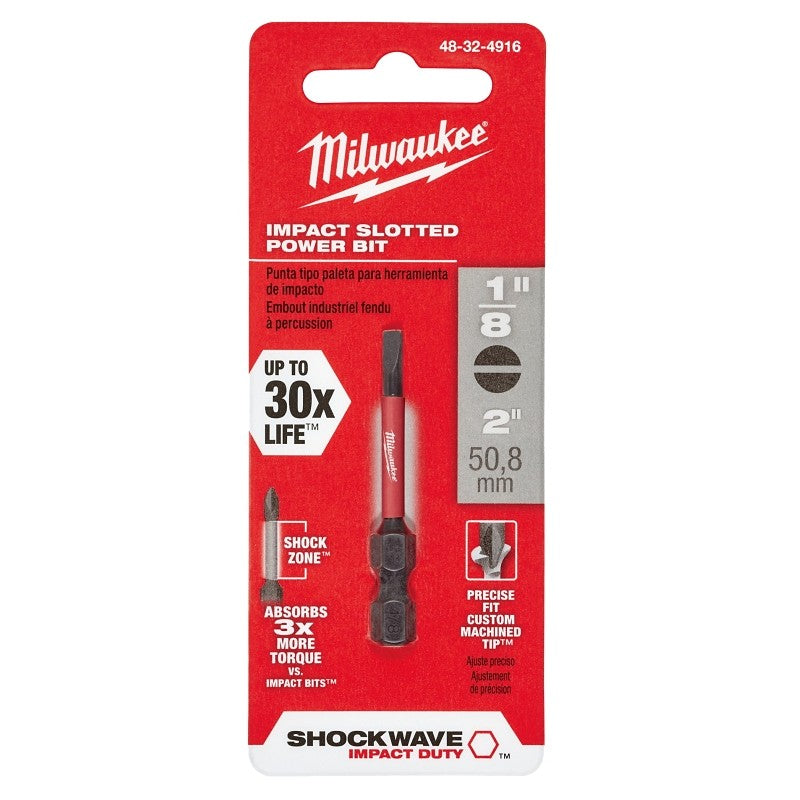 Milwaukee SHOCKWAVE 48-32-4916 Power Bit, #6, 1/8 in Drive, Slotted Drive, 1/4 in Shank, Hex Shank, 2 in L, Steel