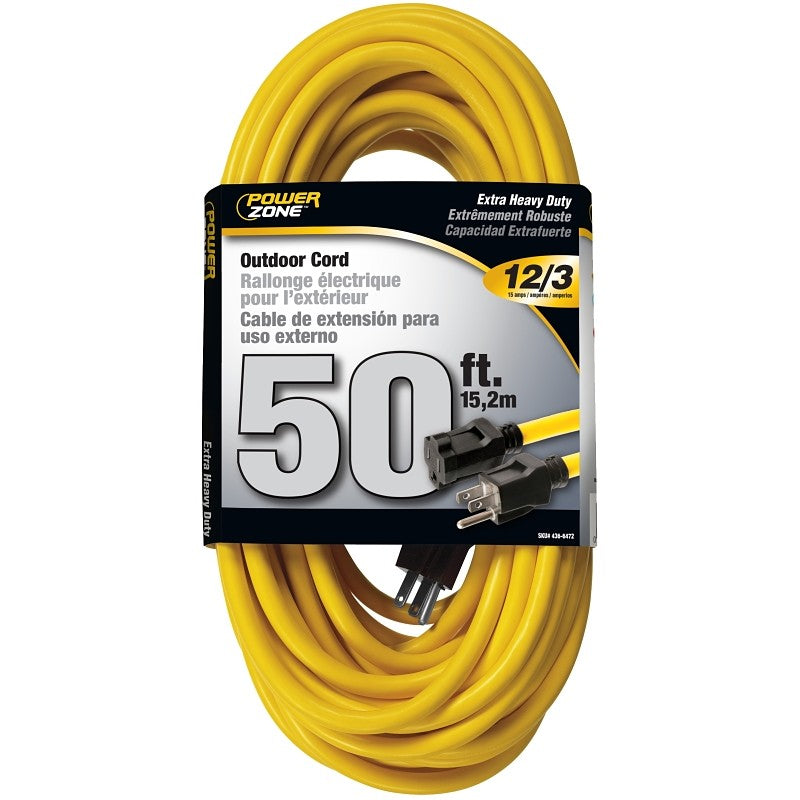PowerZone OR500830 Extension Cord, 12 AWG Cable, 50 ft L, 125 V, Yellow