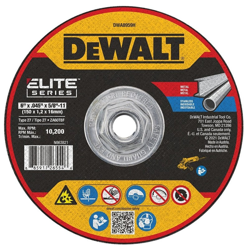 DEWALT ELITE Series DWA8959H Cutting Wheel, 6 in Dia, 0.045 in Thick, 5/8-11 Arbor, Ceramic Abrasive, 46 Grit