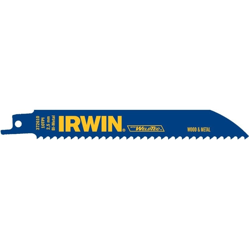 Irwin 372610 Reciprocating Saw Blade, 2 in W, 6 in L, 10 TPI, Bi-Metal Cutting Edge