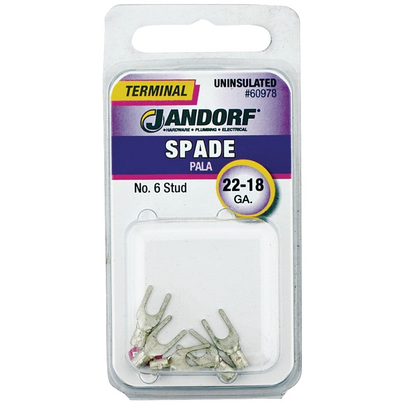 Jandorf 60978 Spade Terminal, 600 V, 22 to 18 AWG Wire, #6 Stud, Copper Contact, 5/PK
