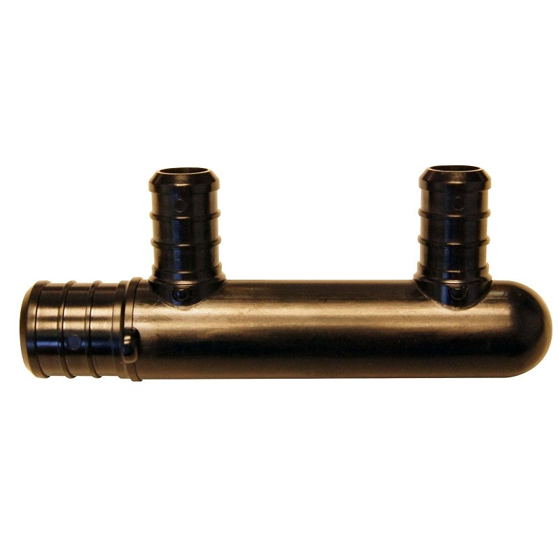 Apollo PXPA2PTC Manifold, 3-1/2 in OAL, 3/4 in Inlet, 2-Outlet, 1/2 in Outlet, Polyalloy, Black, 200 psi Pressure