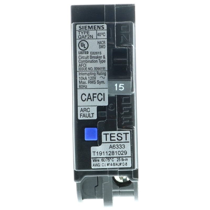 Siemens QA115AFCN Circuit Breaker, AFCI, Combination, Low Voltage, 15 A, 1 -Pole, 120 V, Plug Mounting