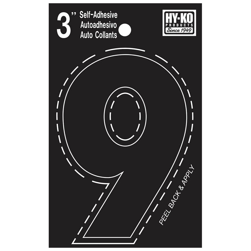 Hy-Ko 30400 Series 30409 Die-Cut Number, Character: 9, 3 in H Character, Black Character, Vinyl (Pack of 10)