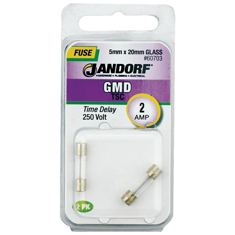 Jandorf 60703 Series Time Delay Fuse, 0.1 Ohm, 2 A, 250 V, 100 A, 10 kA Interrupt, Glass Body
