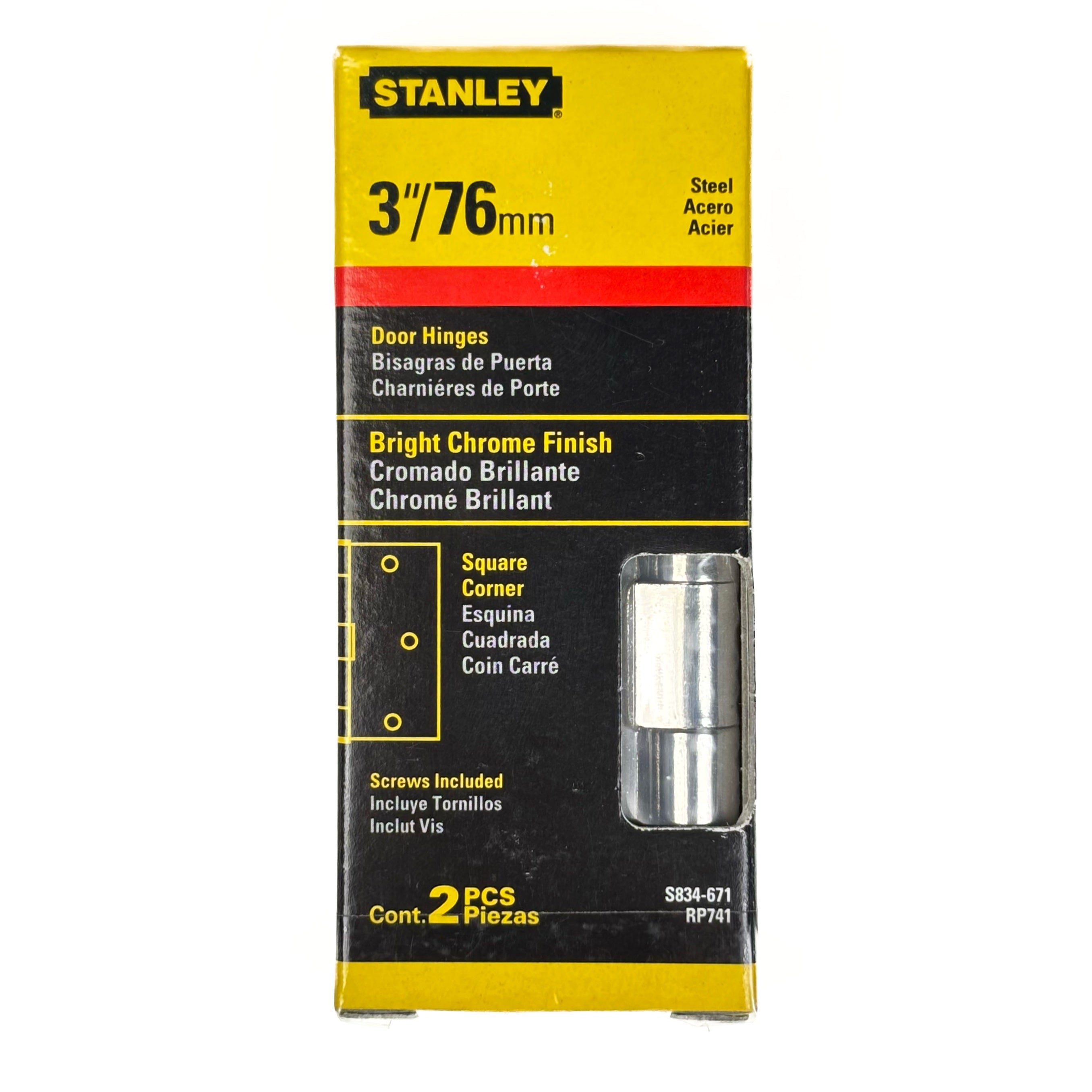 Door Hinges 3 Inch Square Corner Bright Polished Chrome 2 Pack (POS)