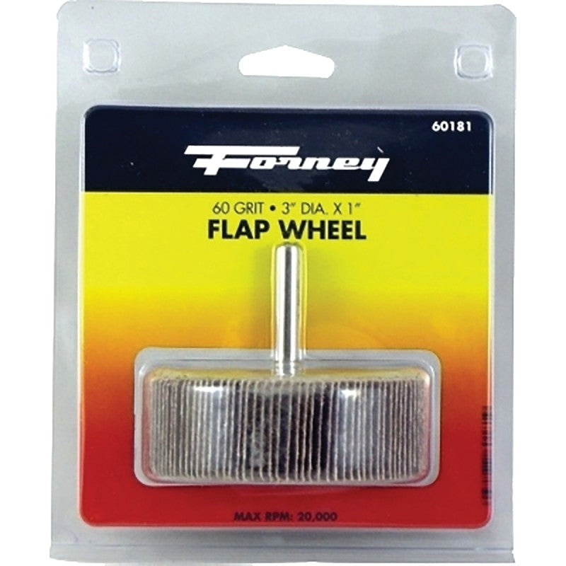 Forney 60181 Flap Wheel, 3 in Dia, 1 in Thick, 1/4 in Arbor, 60 Grit, Aluminum Oxide Abrasive