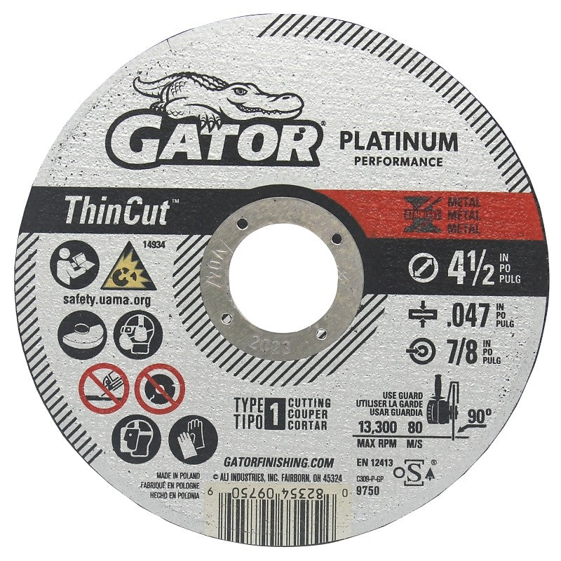 Gator 9750 Cut-Off Wheel, 4-1/2 in Dia, 0.047 in Thick, Aluminum Oxide Abrasive, 7/8 in Arbor